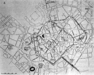 Over the fabric of modern Milan the Roman and Paleochristian city is superimposed, with the external basilicas on the roads to Como, Lodi, Piacenza, Novara (from Mario Mirabella Roberti, Forma Urbis Mediolani, 1963).
 - ZOOM 