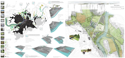 fig. 1 - The territorial strategy for the Shannon river project encompasses the transformation of the waste-lands along the river bank into wetlands.
(Project: D Courroye, C Mougel, C Pederencino.) - ZOOM 