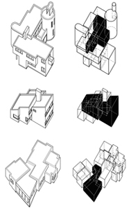 Axonometric views and tridimensional compositional schemes. From the top: House Mller in Kln-Lindenthal, 1957-58; House in Bensberg, 1960; House Bauer in Overath, 1960-61. - ZOOM 