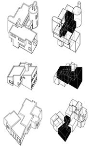 Assonometrie e schemi compositivi tridimensionali. Dallalto: casa Mller a Kln-Lindenthal, 1957-58; casa a Bensberg, 1960; casa Bauer a Overath, 1960-61. - ZOOM 