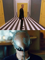 Comparison between two frames from movie Nirvana (G. Salvatores, 1997), explicitly inspired to Neuromancer, by W. Gibson. There are evident reconstructions of cyberspace based on spacial 'metaphors' (hallways, doors) and, simultaneously, on the need to completely alienate oneself from the phy - ZOOM 