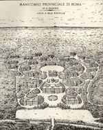 E. Negri, S. Chiera, Manicomio provinciale di Roma in S. Onofrio. Vista a volo duccello (da E. Negri, S. Chiera, Il Manicomio Provinciale di Roma. Ricordo della posa della prima pietra, Roma 1909, tavola I) - ZOOM 