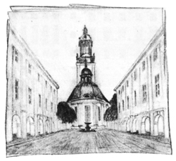Erik Gunnar Asplund, ampliamento delle corti di giustizia di Gteborg, progetto preliminare, 1919. Prospettiva della corte con la chiesa.