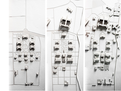 The Psyachiatyric hospital Francesco Giuseppe I in 1911, the provincial Psychiatyric hospital in the 1930s, and the Parco Basaglia today. Models by the Seminar of architectural design 3, professor G. Scavuzzo