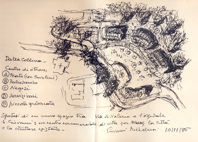 The hypothesis of a new space between Via A. Valerio and the S. Giovanni Hospital. 11/10/1985. Giovanni Michelucci sketch - ZOOM 
