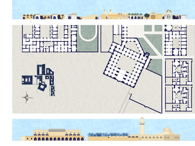 New Baris village centre. Part of the plan and facades. Drawing by the author.