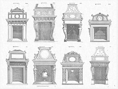 Sebastiano Serlio, Regole generali di architettura, Venezia 1537; camini in stile dorico, ionico, corinzio e composito 
