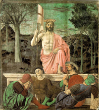 The Risen Christ by Piero della Francesca. Fresco in the Palazzo del Governo city of Sansepolcro (1467-68).