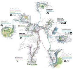 fig. 2 - Il progetto 'giro dall'altro lato' per Belfast, propone nuove reti ciclabili per la citt e collega le altre aree di progetto affrontate dagli studenti del workshop. - ZOOM 