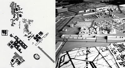 Architectural Proposal for East Rome by Carlo Aymonino, Costantino Dardi and Raffaele Panella, XV Triennale of Milano, 1973. Assembly of known buildings.