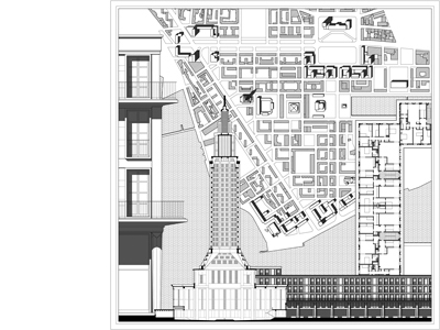 Scalar sinchronicity in the new city center of Le Havre, collage with town-plan and architectures (drawing by Andrea Calgarotto). - ZOOM 