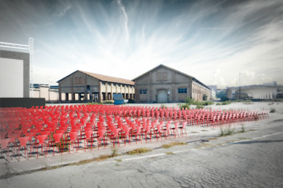 Project for the temporary use of the squares in front of a series of industrial buildings dismantled in the Ravone former railway yard in Bologna, to accommodate the extension of the municipal summer film programming - ZOOM 