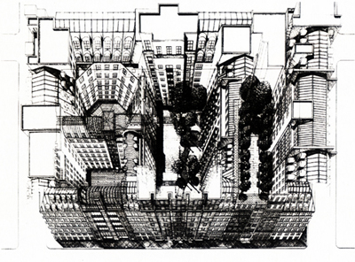 Aldo Rossi, Block in Schtzenstrasse, Berlino, 1992, inclined table perspective (in Aldo Rossi. Disegni 1990-1997, edited by Marco Brandolisio, Giovanni da Pozzo, Massimo Scheurer, Michele Tadini).
