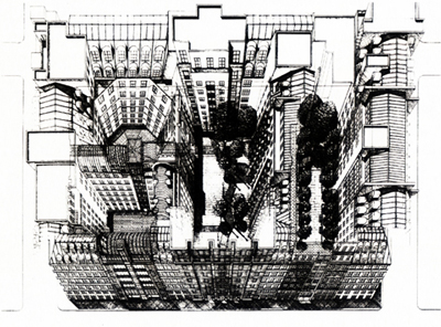 Aldo Rossi, Isolato in Schtzenstrasse a Berlino, 1992, prospettiva a quadro inclinato (in Aldo Rossi. Disegni 1990-1997, a cura di Marco Brandolisio, Giovanni da Pozzo, Massimo Scheurer, Michele Tadini) 