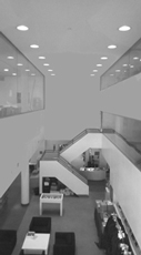 John Hejduk, Renovation of Cooper Union, New York, 1969. Detail of the central atrium of the library with quotes of the facades of Villa Garches and Villa Stein (Photo by the author)