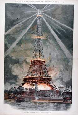 Esposizione universale di Parigi, la Tour Eiffel illuminata, 1889