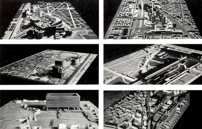 Concorso per il Centro Direzionale di Torino 1962:
(da sin. in alto)
Progetto di C.Aymonino, M.Aymonino, B.De Rossi, F.Berlanda, F.Battimelli.
Progetto di M.Achilli, G.Canella, L.Stellario D'Angiolini, V.Vercelloni.
Progetto di G.Polesello, A.Rossi, L.Meda. 
Progetto di M.Bianco, G.Esposito, R.Maestro, S.Nicola, L.Quaroni, A.Quistelli, N.Renacco, A.Rizzotti, A.Romano (primo classificato).
Progetto di G.Samon, C.Dardi, E.Mattioni, V.Pastor, A.Samon, L.Semerani, G.Tamaro, A.Vianello. 
Progetto di G.Astengo, G.Fasana, G.Abbate