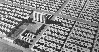 I. Diottalevi, F. Marescotti, G. Pagano, progetto di città orizzontale, 1939, parte centrale del quartiere con il complesso dei servizi collettivi