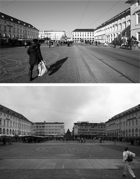 Dall'alto. La piazza di Karlsruhe dopo e prima dell'intervento. - ZOOM 