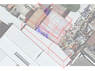 La chiesa e le altre strutture permanenti sono ripassate in rosso. Le linee blu mostrano gli spazi aggiunti con plumbing, ora al servizio degli edifici. - ZOOM 