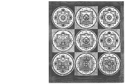 1. 'Tanka' composizione di mandala (Nepal, XIX sec. d.C.), configurazioni sempre diverse, progressive e compresenti.Da: Rawson, P. (1978). 'The Art of Tantra'. London: Ed. Thames & Hudson, 75. - ZOOM 