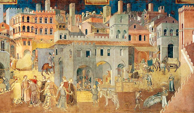 Ambrogio Lorenzetti, affresco del Buon Governo, particolare (1338-39). Siena Palazzo Pubblico, Sala dei Nove. 